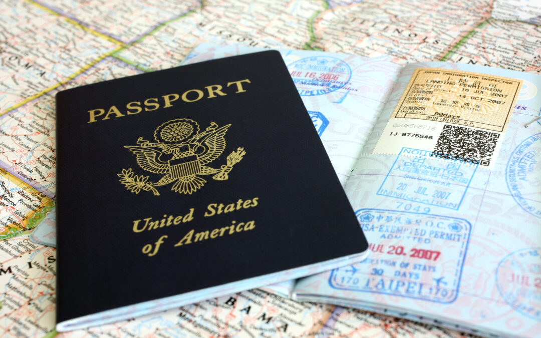 a passport and passport stamps on a map